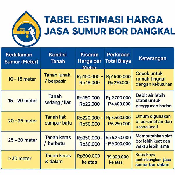 tabel harga pembuatan sumur bor dangkal