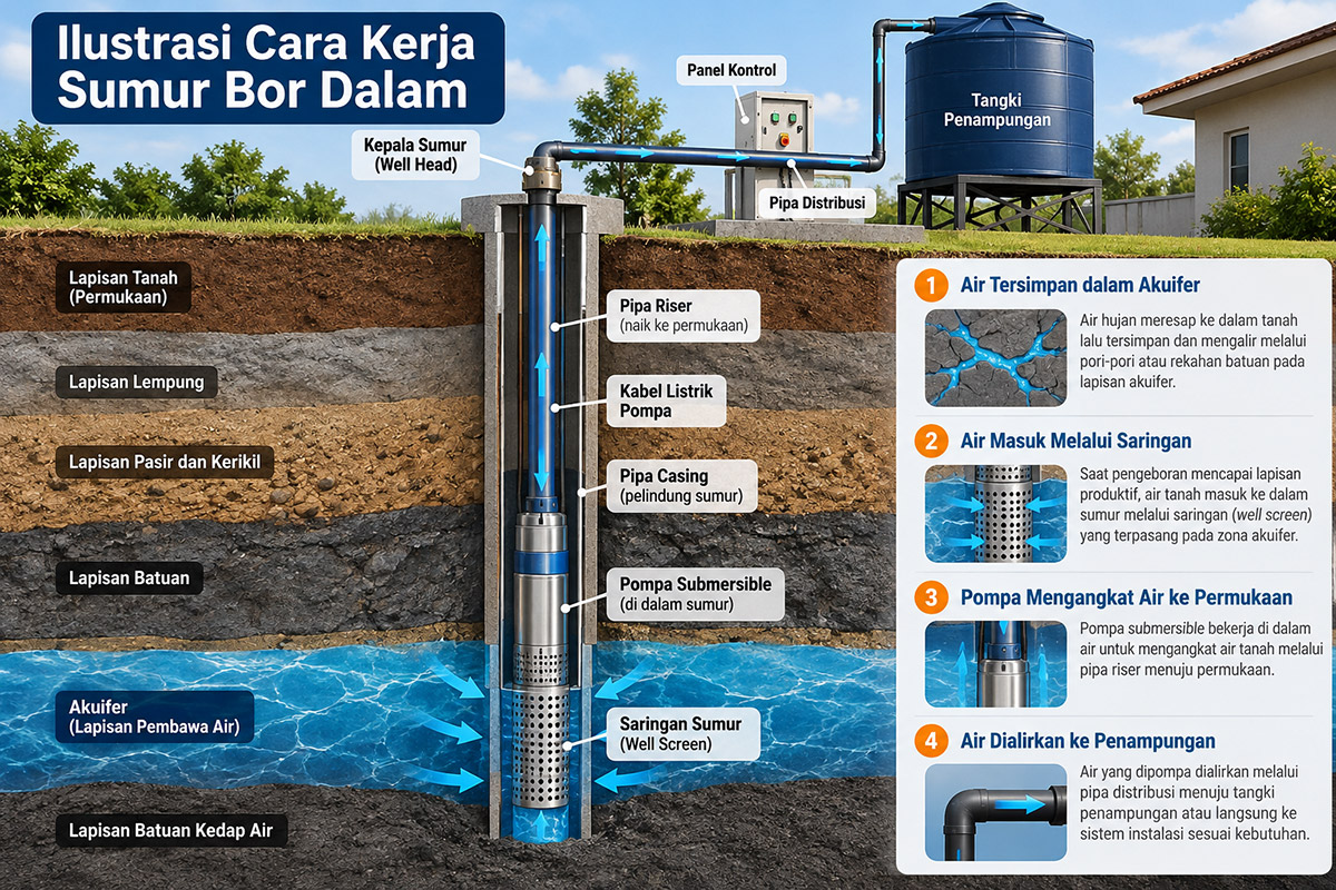 Diagram cara kerja sumur bor dalam dari akuifer hingga air dipompa ke permukaan.
